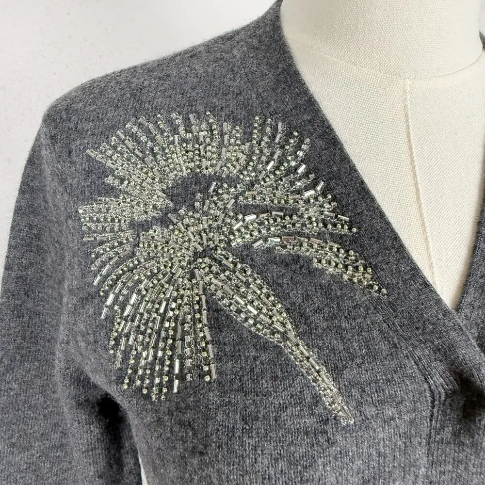 Tory Burch Merino Wool Cardigan Beaded Palm Tree Gray Sweater - XS